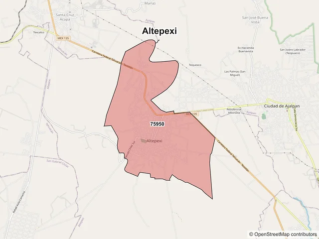 Mapa de códigos postales de Altepexi, Puebla
