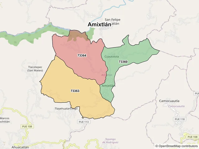 Mapa de códigos postales de Amixtlán, Puebla