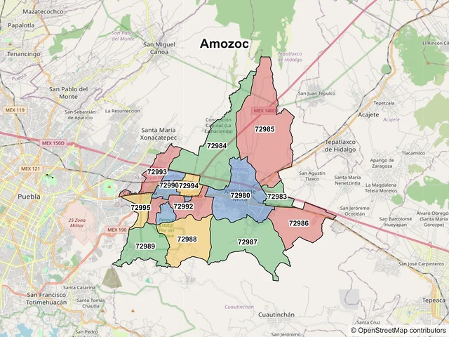 Mapa de códigos postales de Amozoc, Puebla