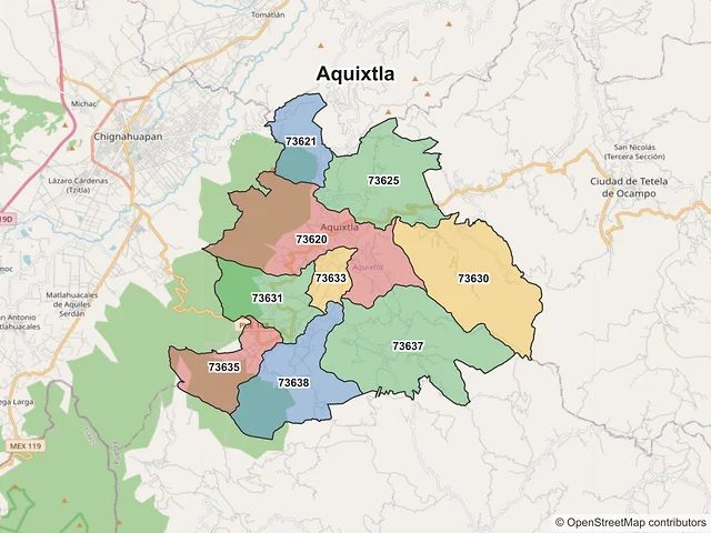Mapa de códigos postales de Aquixtla, Puebla