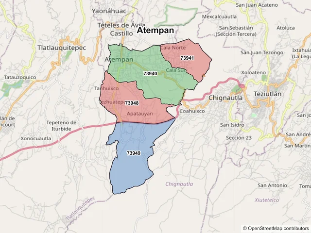 Mapa de códigos postales de Atempan, Puebla