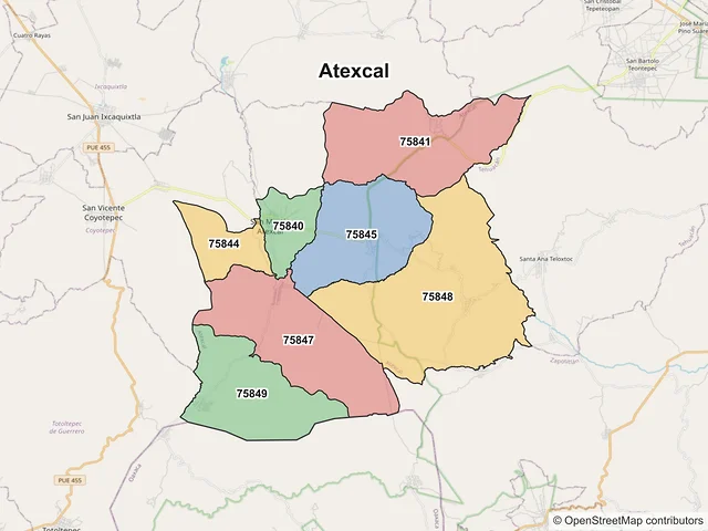 Mapa de códigos postales de Atexcal, Puebla