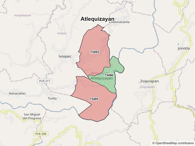 Mapa de códigos postales de Atlequizayan, Puebla
