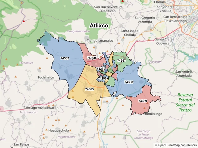 Mapa de códigos postales de Atlixco, Puebla