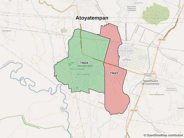 Mapa de códigos postales de Atoyatempan, Puebla