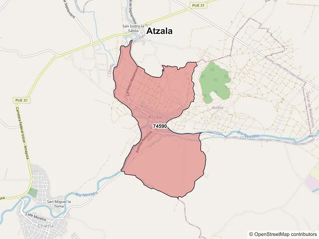 Mapa de códigos postales de Atzala, Puebla