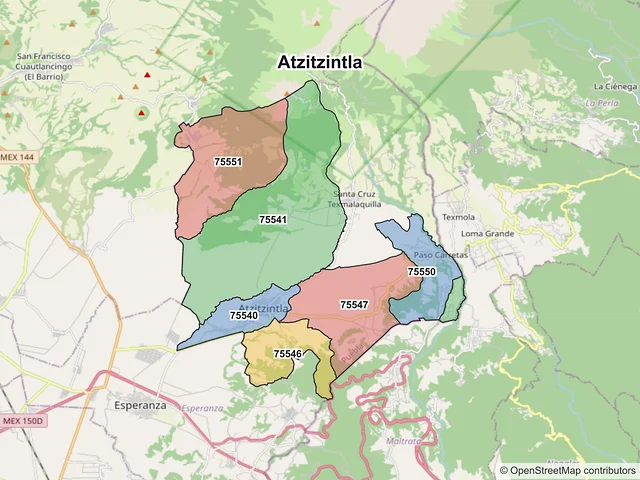 Mapa de códigos postales de Atzitzintla, Puebla