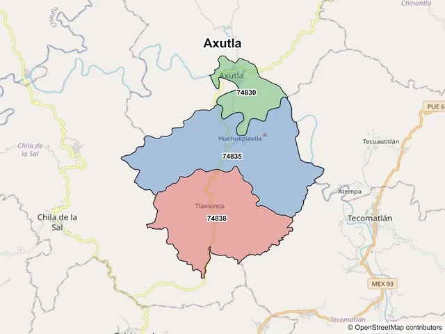 Mapa de códigos postales de Axutla, Puebla