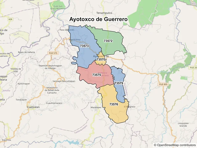 Mapa de códigos postales de Ayotoxco de Guerrero, Puebla