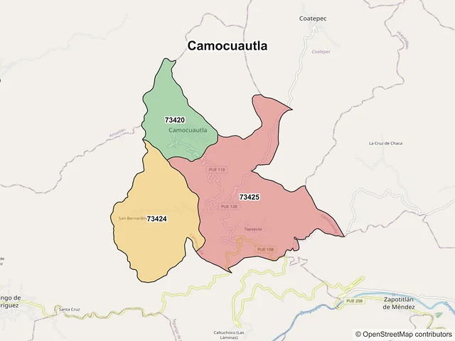 Mapa de códigos postales de Camocuautla, Puebla