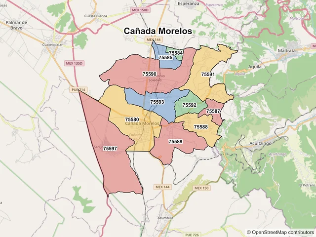 Mapa de códigos postales de Cañada Morelos, Puebla