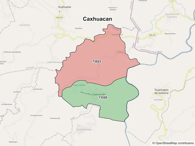 Mapa de códigos postales de Caxhuacan, Puebla