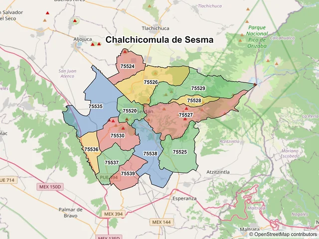 Mapa de códigos postales de Chalchicomula de Sesma, Puebla
