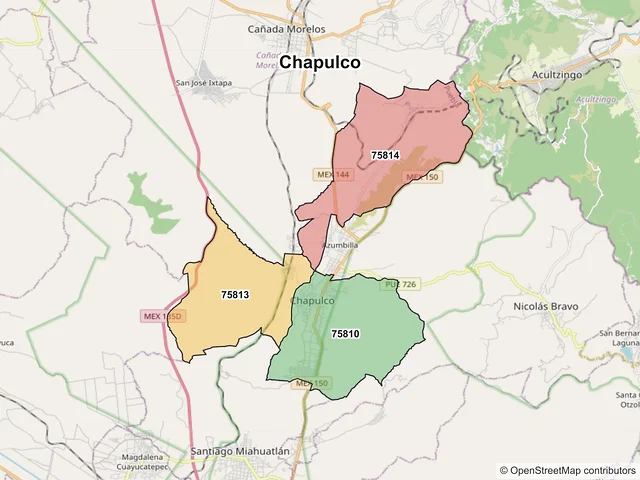 Mapa de códigos postales de Chapulco, Puebla