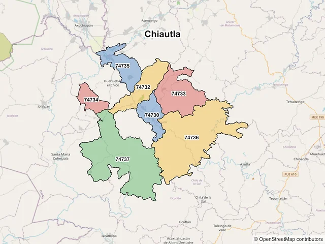 Mapa de códigos postales de Chiautla, Puebla