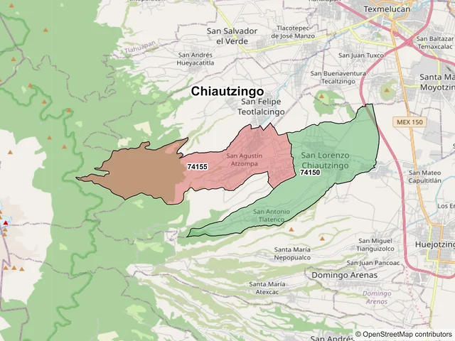 Mapa de códigos postales de Chiautzingo, Puebla