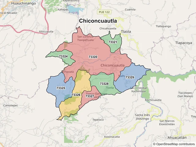 Mapa de códigos postales de Chiconcuautla, Puebla