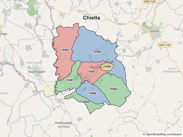 Mapa de códigos postales de Chietla, Puebla