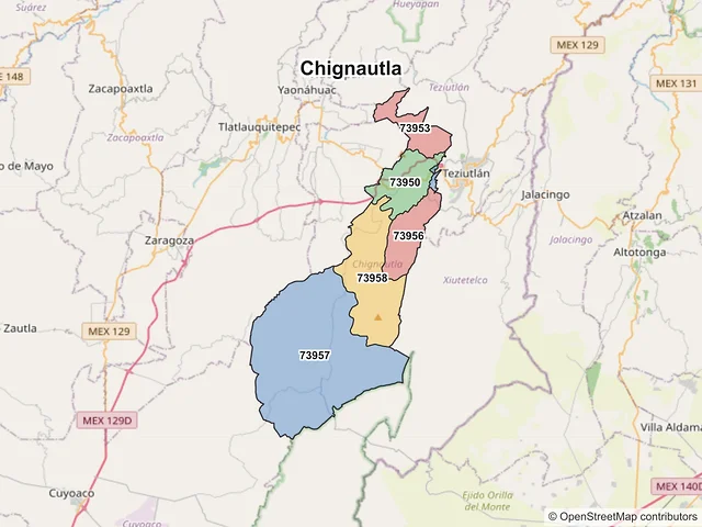 Mapa de códigos postales de Chignautla, Puebla