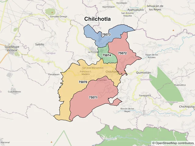 Mapa de códigos postales de Chilchotla, Puebla