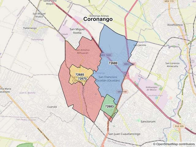 Mapa de códigos postales de Coronango, Puebla