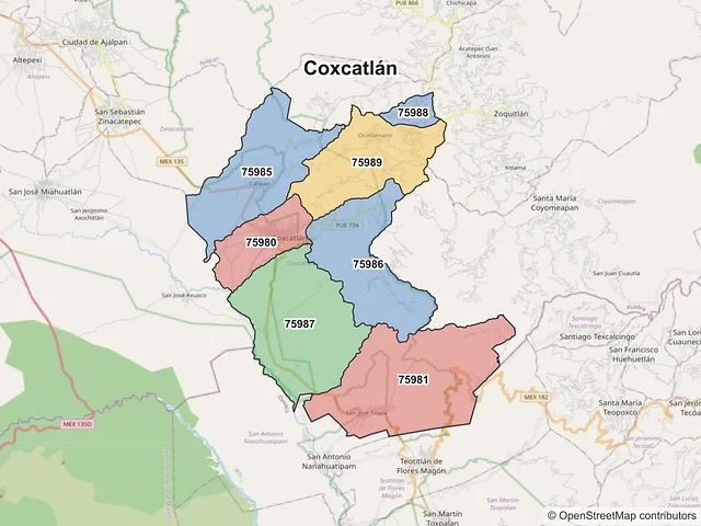 Mapa de códigos postales de Coxcatlán, Puebla