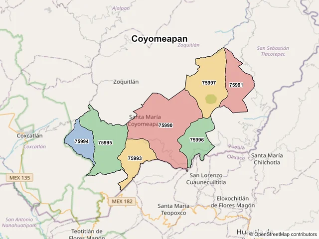 Mapa de códigos postales de Coyomeapan, Puebla