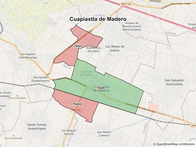 Mapa de códigos postales de Cuapiaxtla de Madero, Puebla
