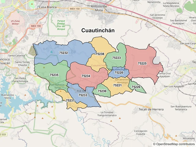 Mapa de códigos postales de Cuautinchán, Puebla
