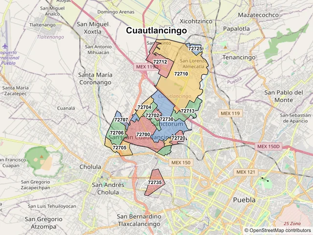 Mapa de códigos postales de Cuautlancingo, Puebla