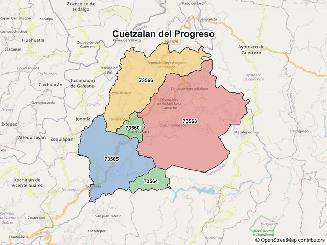 Mapa de códigos postales de Cuetzalan del Progreso, Puebla