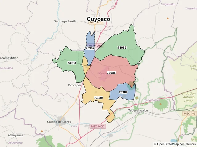Mapa de códigos postales de Cuyoaco, Puebla