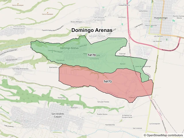 Mapa de códigos postales de Domingo Arenas, Puebla
