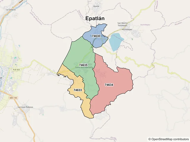 Mapa de códigos postales de Epatlán, Puebla