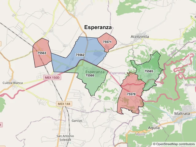 Mapa de códigos postales de Esperanza, Puebla