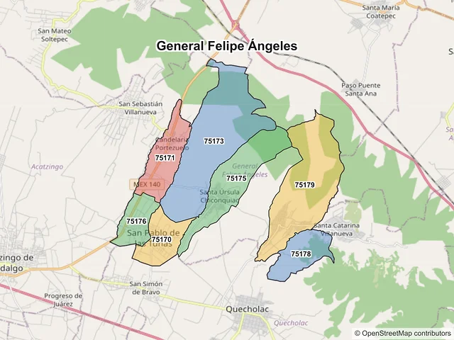 Mapa de códigos postales de General Felipe Ángeles, Puebla