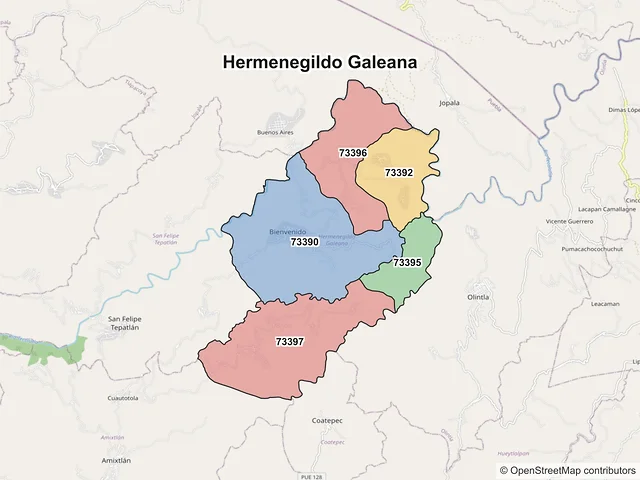 Mapa de códigos postales de Hermenegildo Galeana, Puebla