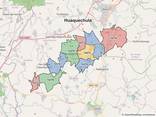 Mapa de códigos postales de Huaquechula, Puebla