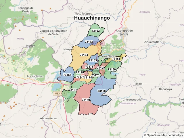 Mapa de códigos postales de Huauchinango, Puebla