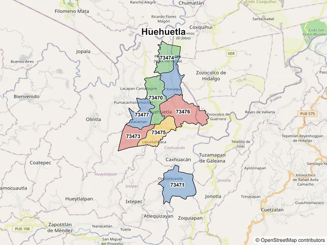 Mapa de códigos postales de Huehuetla, Puebla