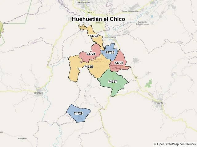 Mapa de códigos postales de Huehuetlán el Chico, Puebla