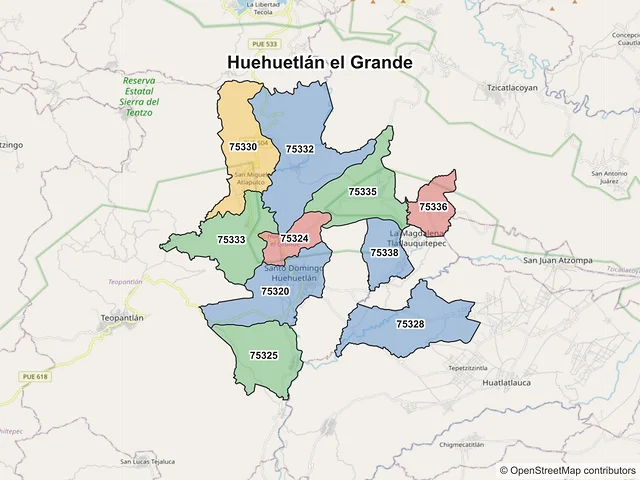 Mapa de códigos postales de Huehuetlán el Grande, Puebla
