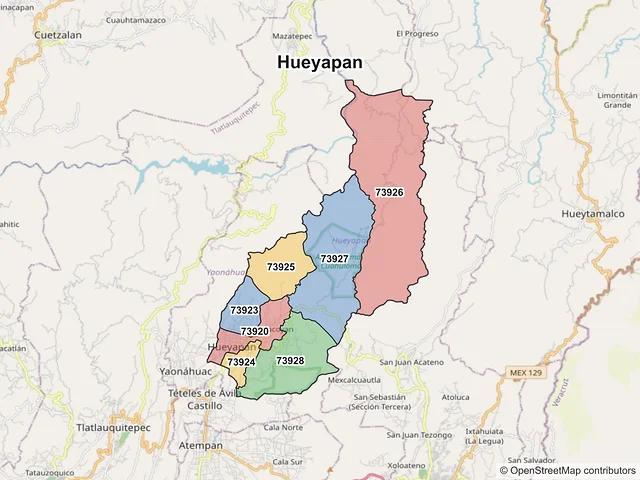 Mapa de códigos postales de Hueyapan, Puebla