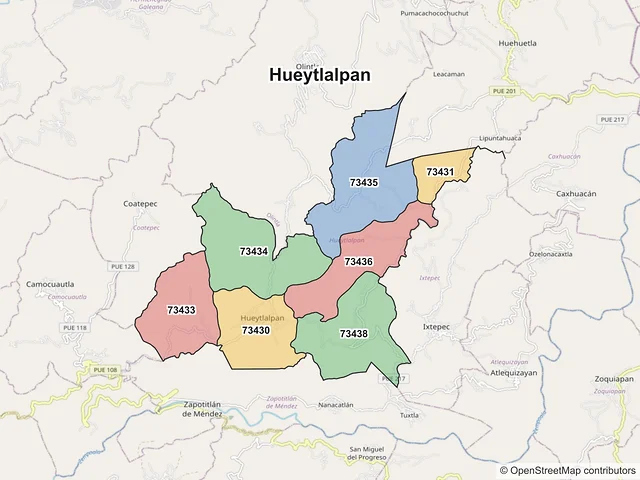 Mapa de códigos postales de Hueytlalpan, Puebla