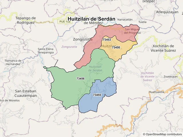 Mapa de códigos postales de Huitzilan de Serdán, Puebla