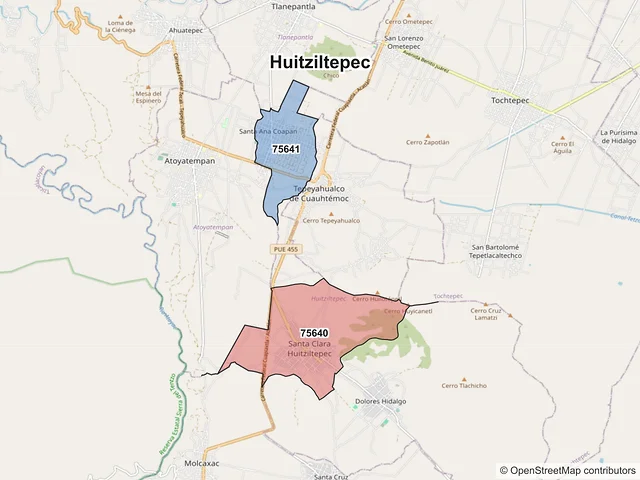 Mapa de códigos postales de Huitziltepec, Puebla