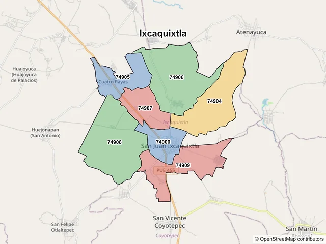 Mapa de códigos postales de Ixcaquixtla, Puebla