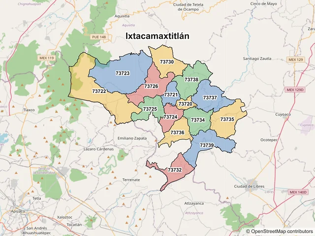 Mapa de códigos postales de Ixtacamaxtitlán, Puebla
