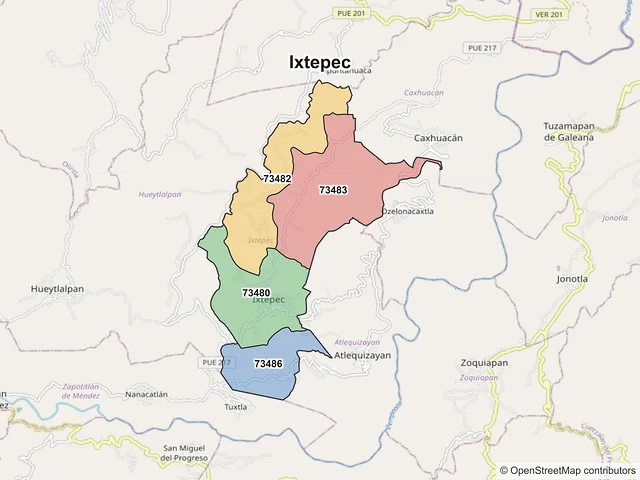 Mapa de códigos postales de Ixtepec, Puebla
