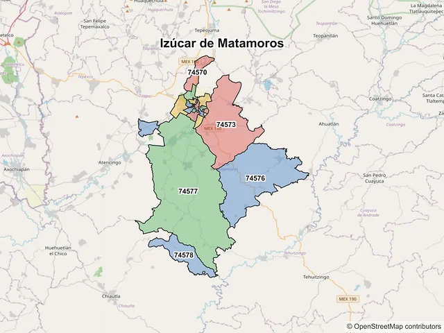 Mapa de códigos postales de Izúcar de Matamoros, Puebla